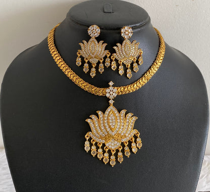 Matte gold tone white stone lotus necklace set dj-53600