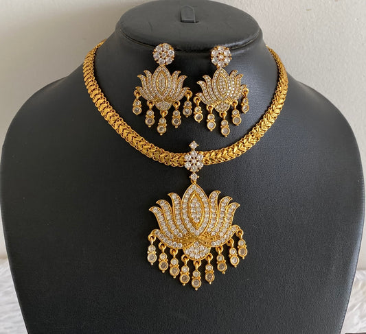 Matte gold tone white stone lotus necklace set dj-53600
