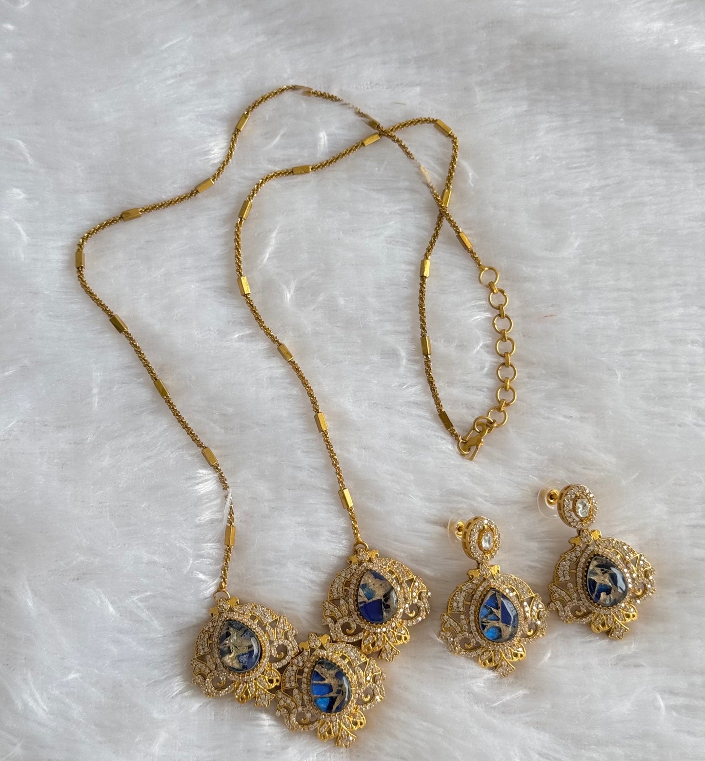 Antique gold tone blue-gold fire stone long chain set dj-51093