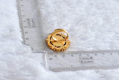 Gold tone pink-green-pearl kundan jadau flower finger ring dj-52370