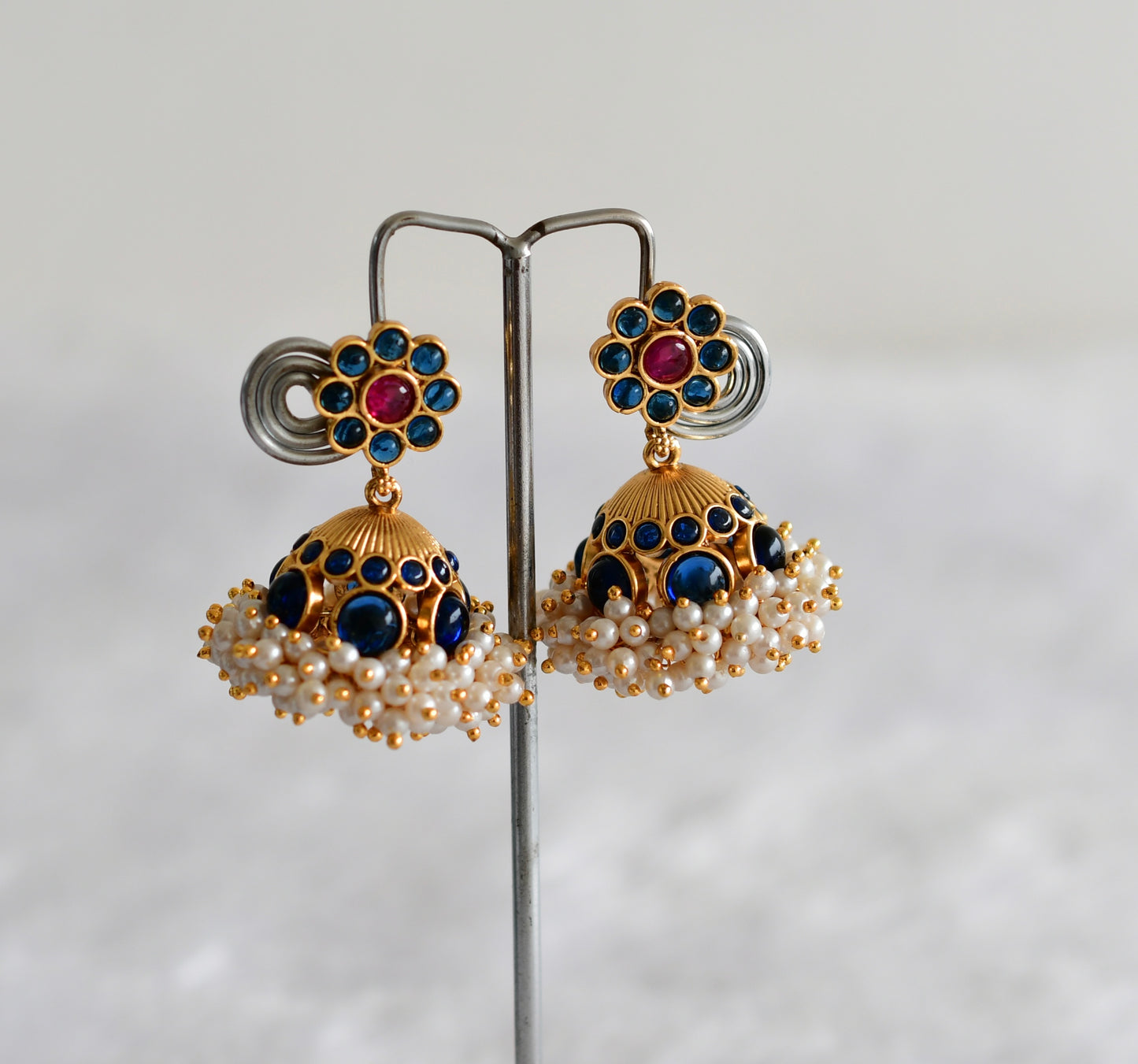 Matte finish kemp-blue pearl cluster flower jhumkka dj-51860