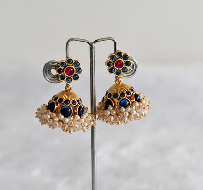 Matte finish kemp-blue pearl cluster flower jhumkka dj-51860