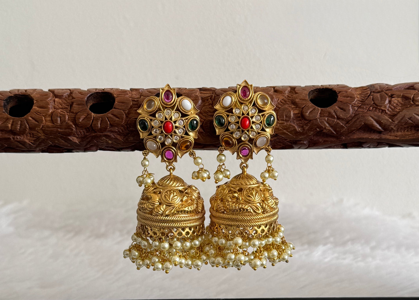 Matte finish cz white pearl cluster navarathna stone peacock jhumkka dj-47677