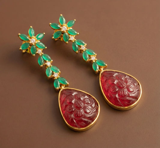 Gold tone green-red carved stone earrings-dj52591