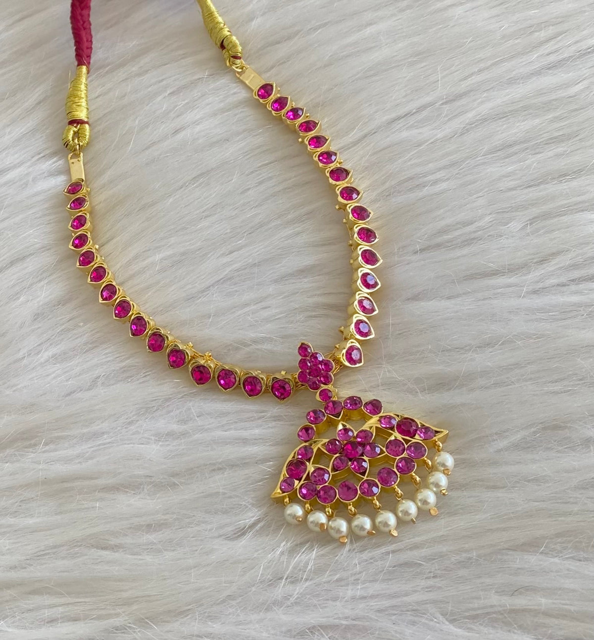 Gold tone AD balaji/rani pink stone pearl attigai flower necklace dj-55130