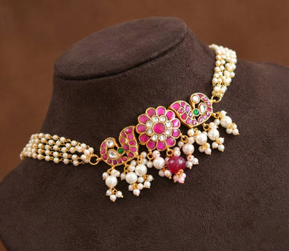 Gold tone pink-green-white Kundan jadau peacock necklace dj-36728