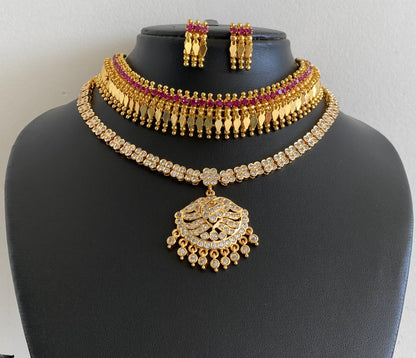 Gold tone pink-white stone combo necklace set dj-55105