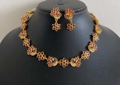 Gold tone pink-green-white stone peacock necklace set dj-54409