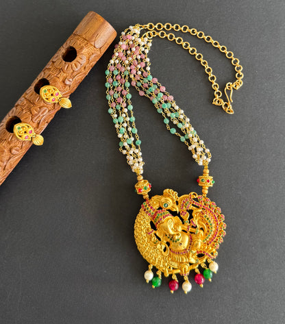 Bright Matte finish ruby-emerald Ganesha-peacock pendant pearl necklace set dj-51431