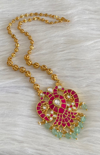 Gold tone pink-green-white kundan jadau Gandaberunda reversible necklace dj-53994