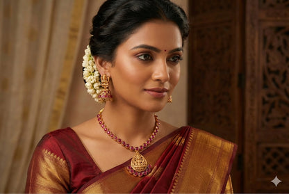 Matte finish kemp-green reversible Lakshmi necklace set dj-52412