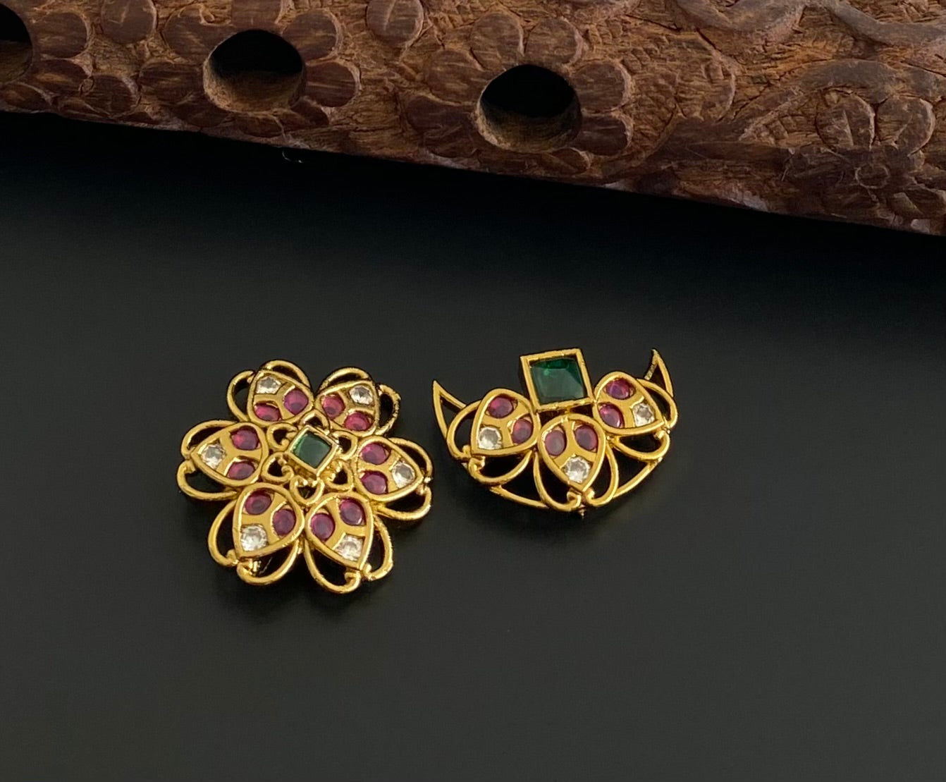 Antique gold tone small kemp-green-white flower sun moon hair jewel dj-53655