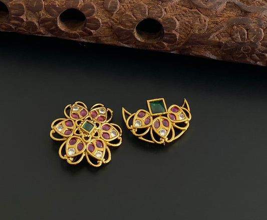 Antique gold tone small kemp-green-white flower sun moon hair jewel dj-53655
