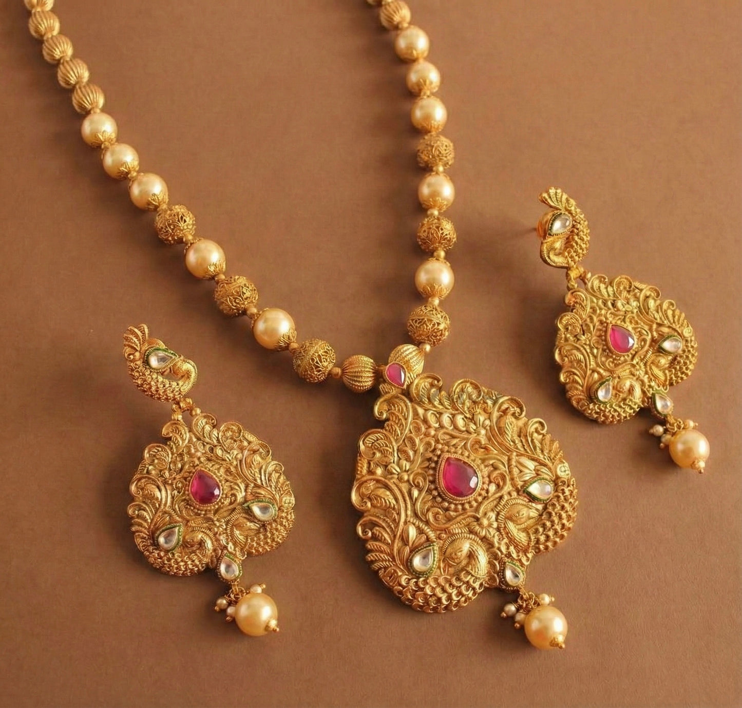 Matte finish ruby pearl beaded peacock necklace set - DJ12107