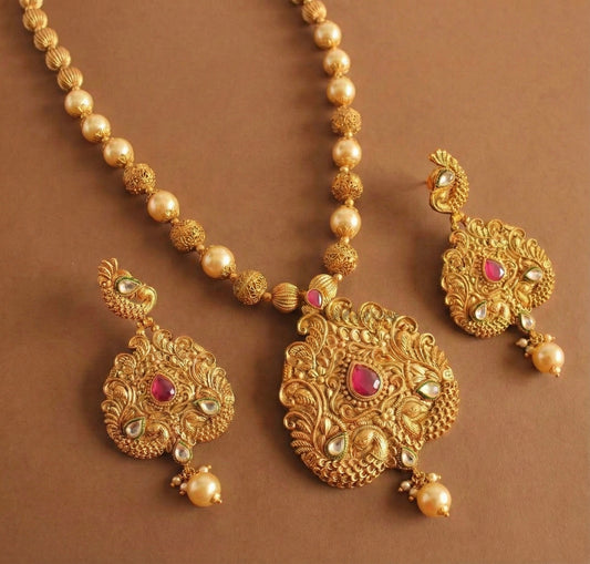 Matte finish ruby pearl beaded peacock necklace set - DJ12107