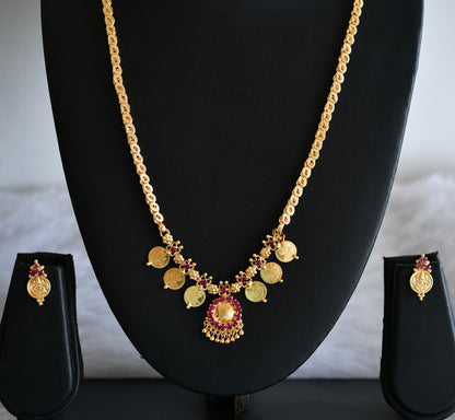 Gold tone 24 inches chain with pink lakshmi coin pendant set dj-52633