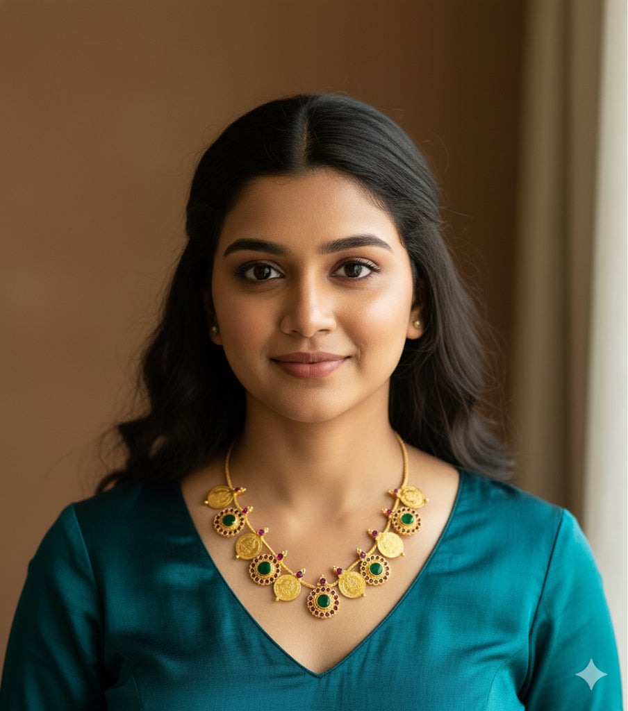 Gold tone kerala style pink-green round lakshmi coin necklace dj-51691