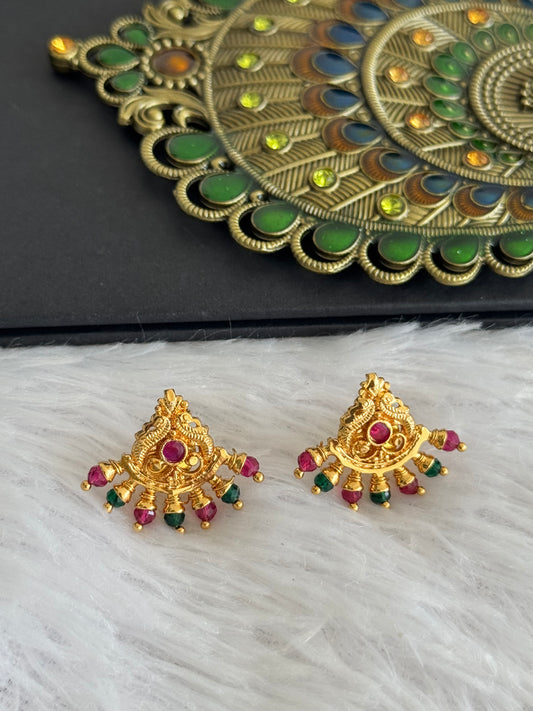 Gold tone pink-green peacock stud/earrings dj-52105
