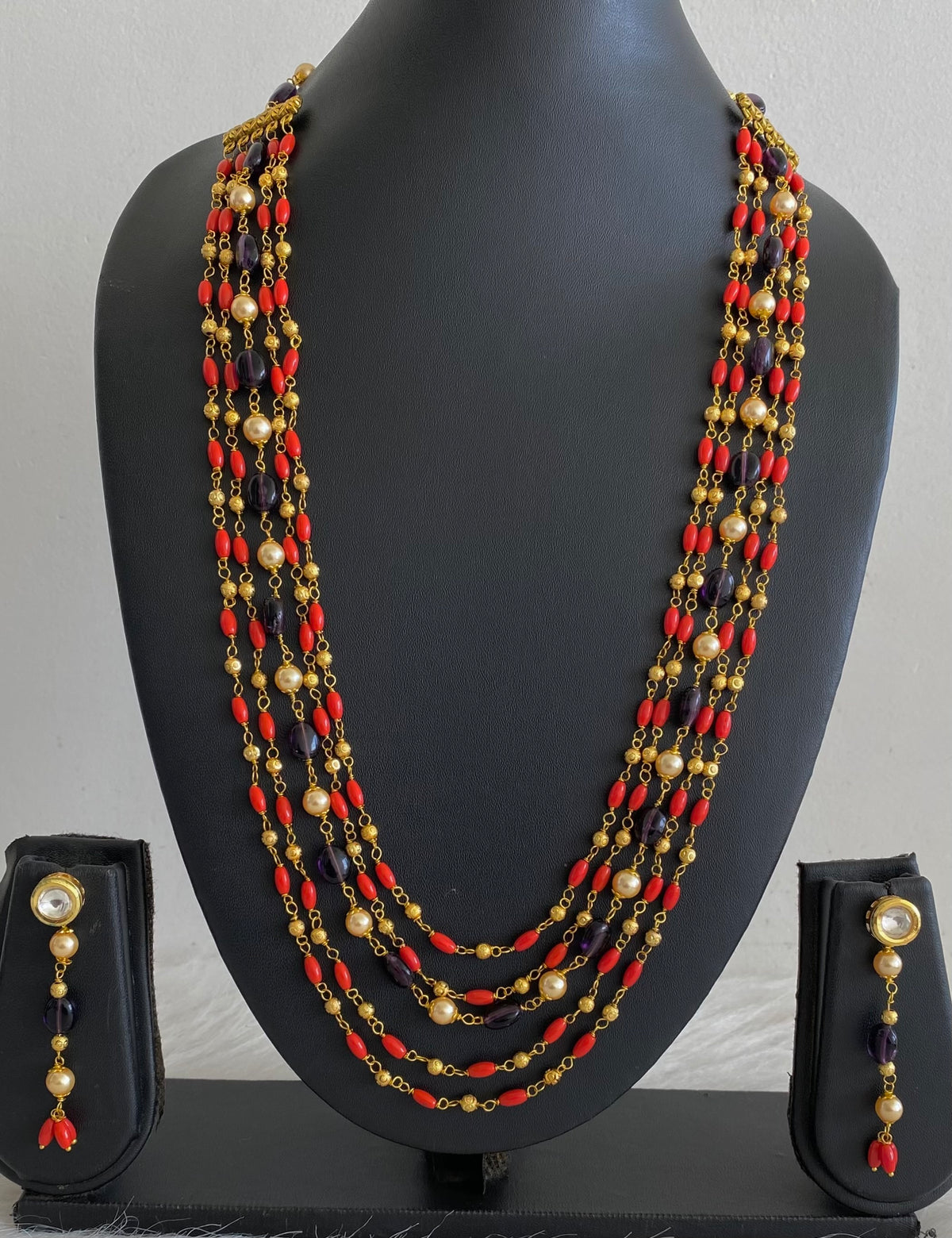 Antique gold tone multilayer coral-purple beaded necklace set dj-54984