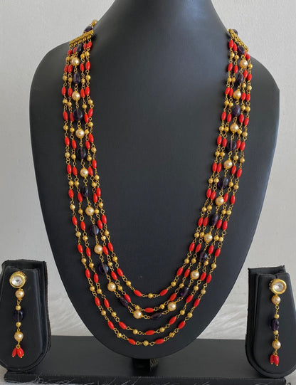 Antique gold tone multilayer coral-purple beaded necklace set dj-54984