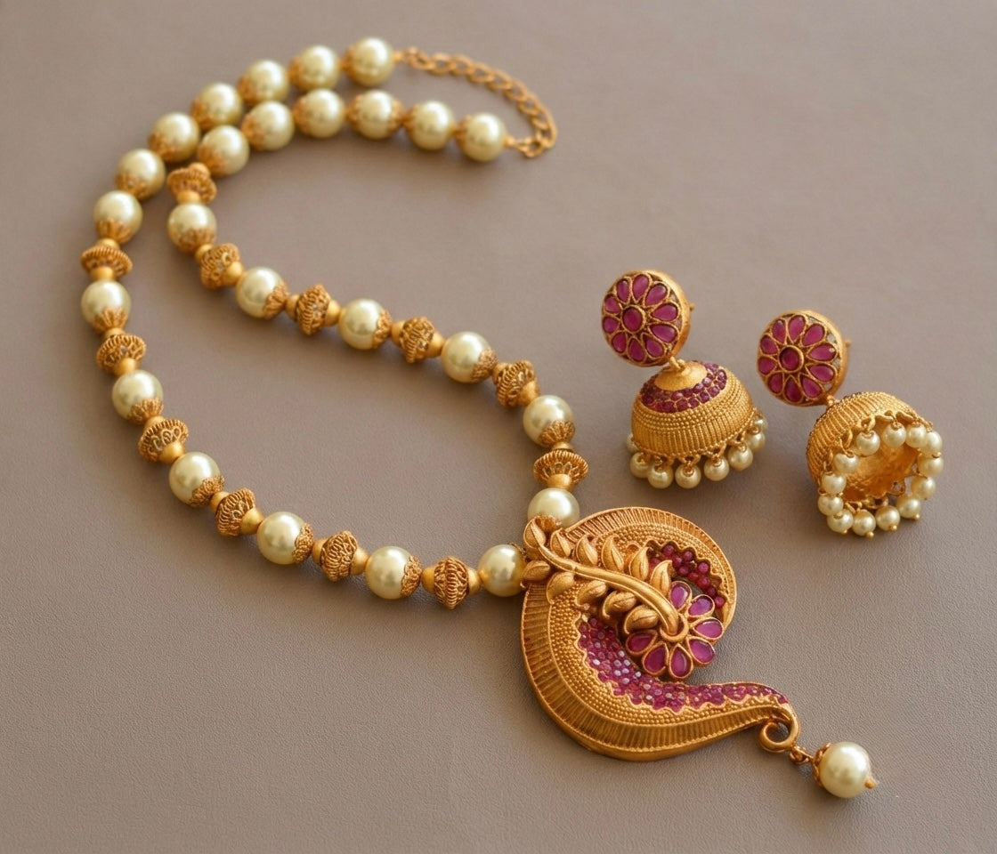 Matte finish ruby pearl beaded necklace set dj-07121