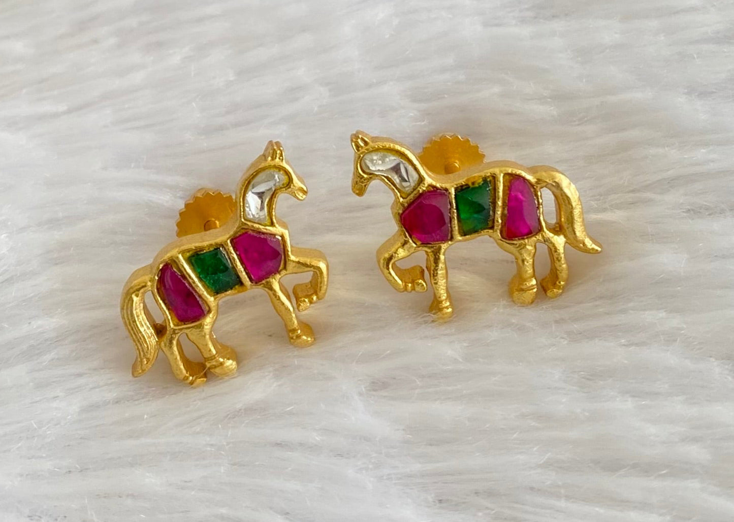 Gold tone pink-green-white kundan jadau horse earrings dj-53541