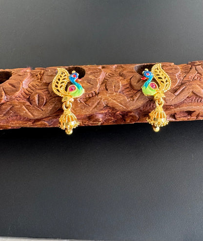 Gold tone blue-green small enamel peacock jhumkka dj-51291