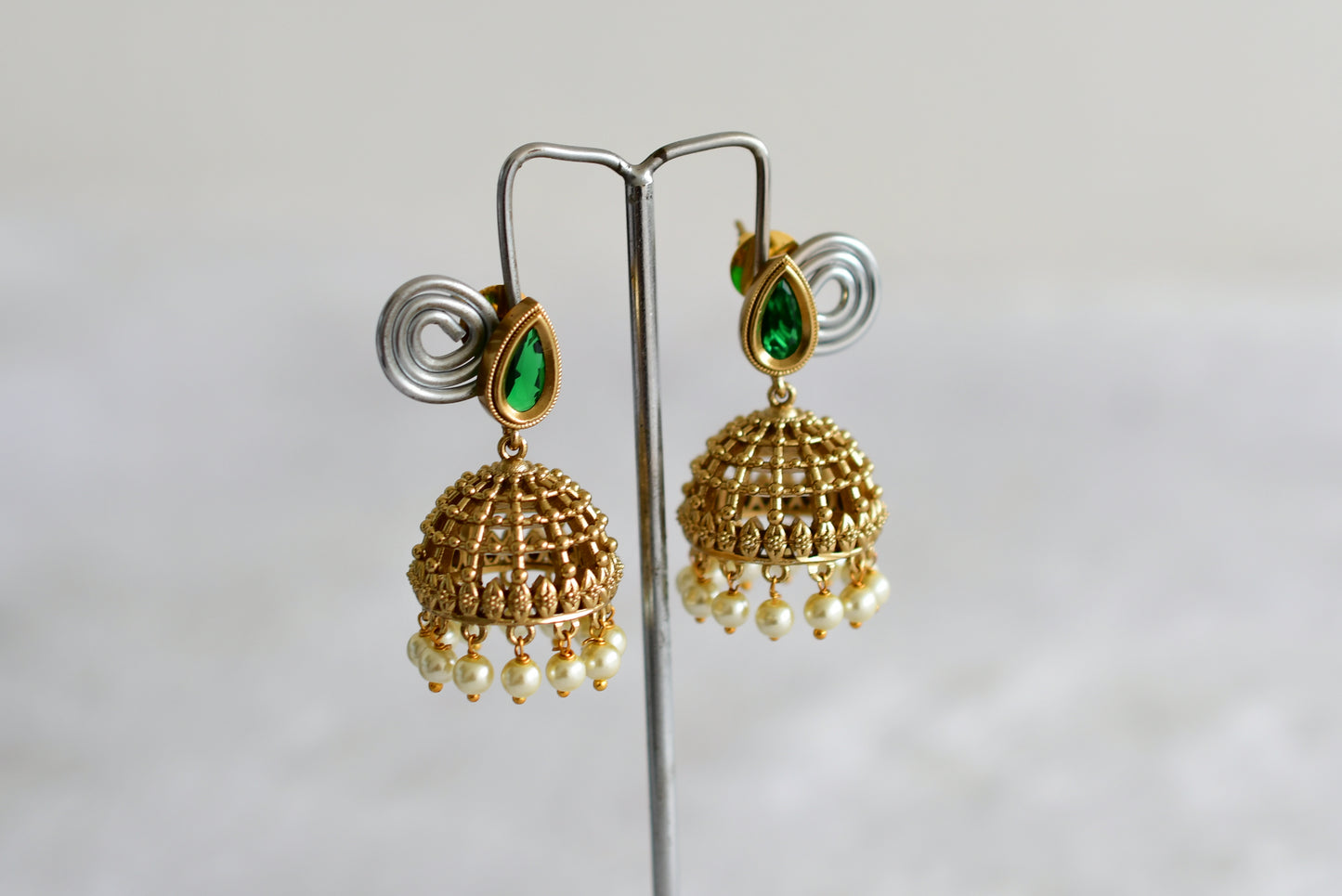 Antique gold tone green thilak stone pearl jhumkka dj-51853