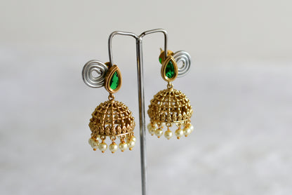 Antique gold tone green thilak stone pearl jhumkka dj-51853