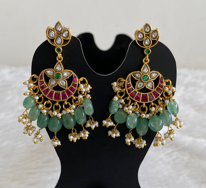 Gold tone pink-green-white stone green beaded kundan jadau bali earrings dj-53560