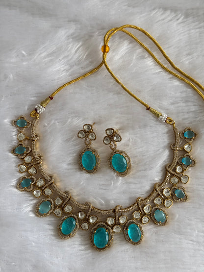 Antique gold tone cz light blue moissanite necklace set dj-51074