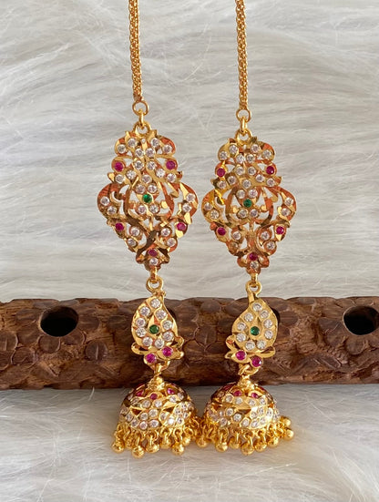Gold tone AD pink-green south Indian mango jhumkka with ear side chain dj-53689