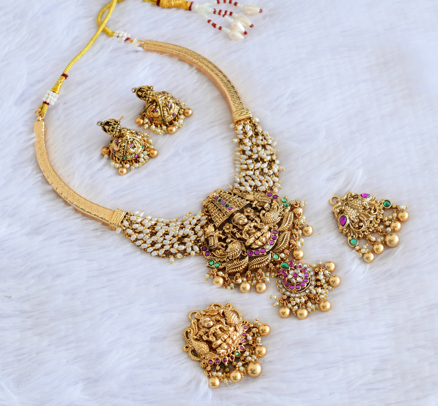 Antique gold tone lakshmi necklace with changeable pendants set dj-53008
