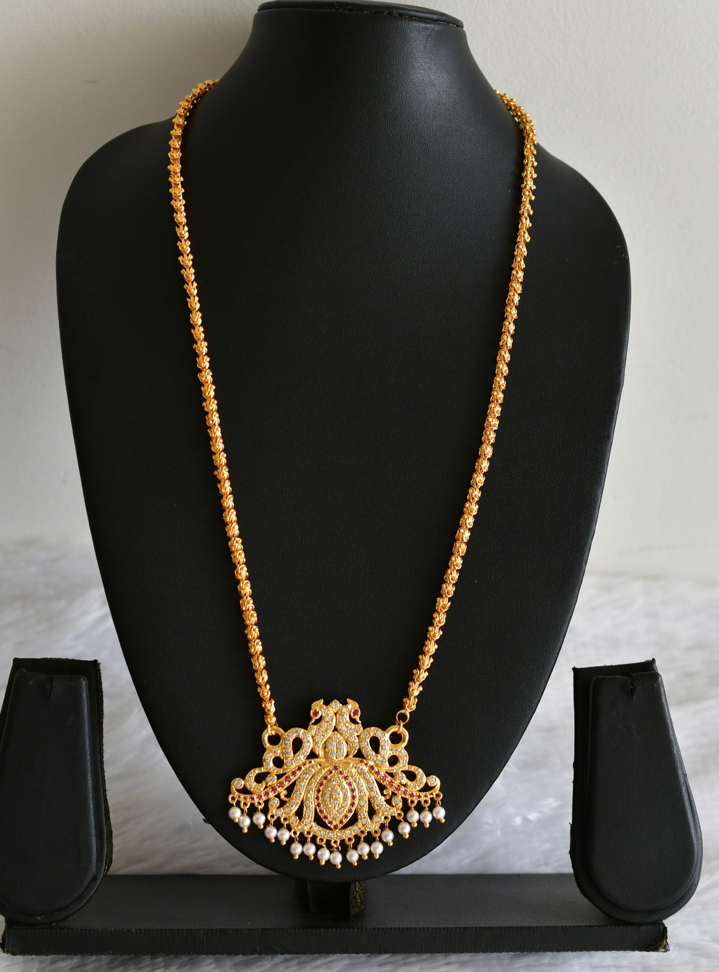 Gold Tone AD White-pink Peacock Lotus Pendant Chain dj-51910