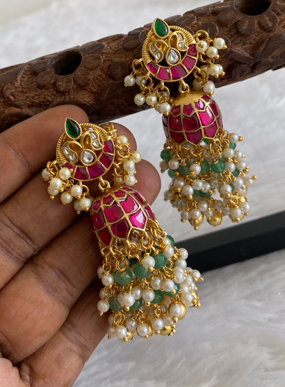 Gold tone pink-white-green stone beaded kundan jadau long jhumkka dj-53588