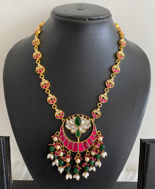 Gold tone kemp-green-white kundan jadau green beaded pearl moon necklace dj-54187