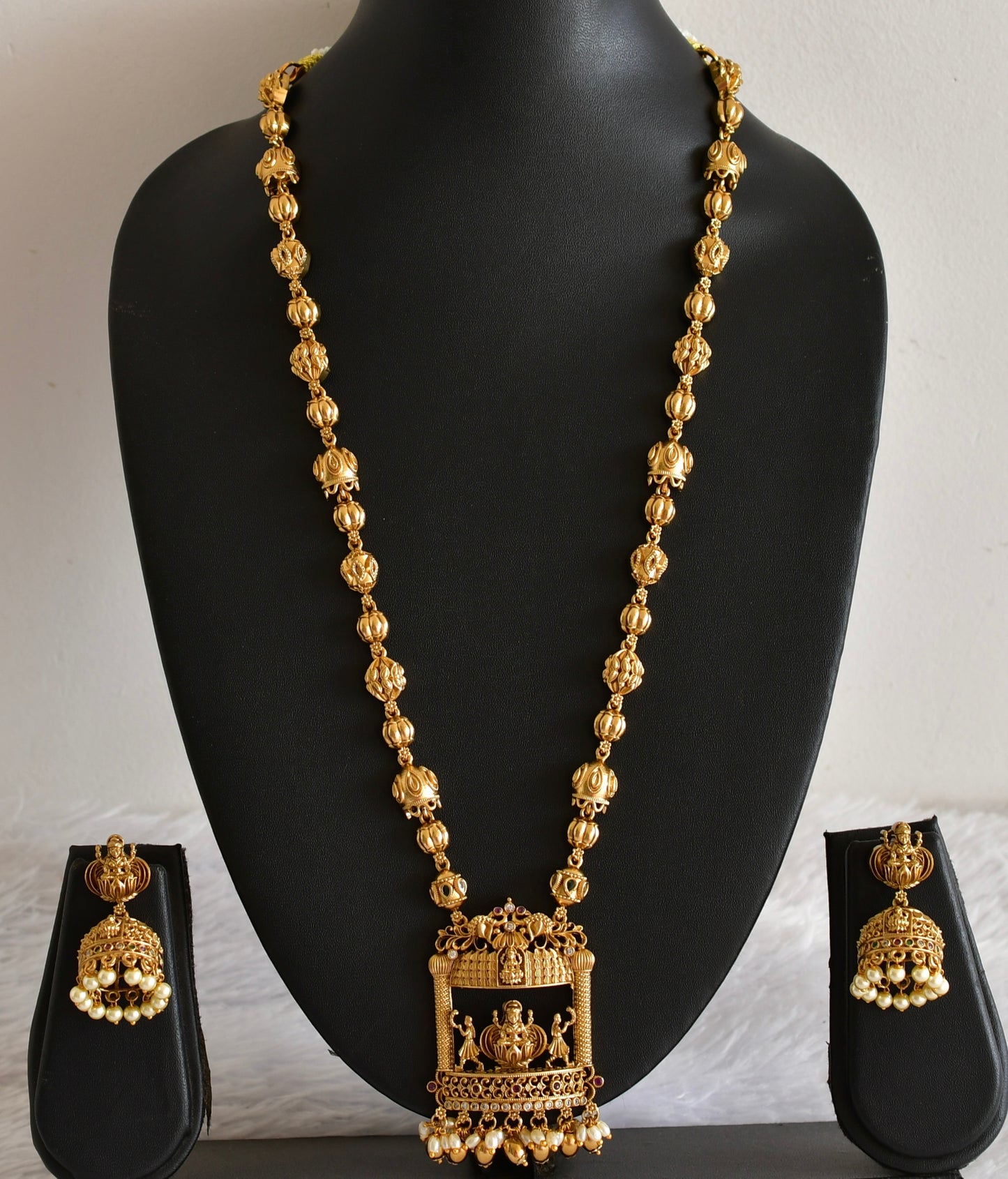 Antique gold tone pink-green lakshmi peacock haar set dj-52433