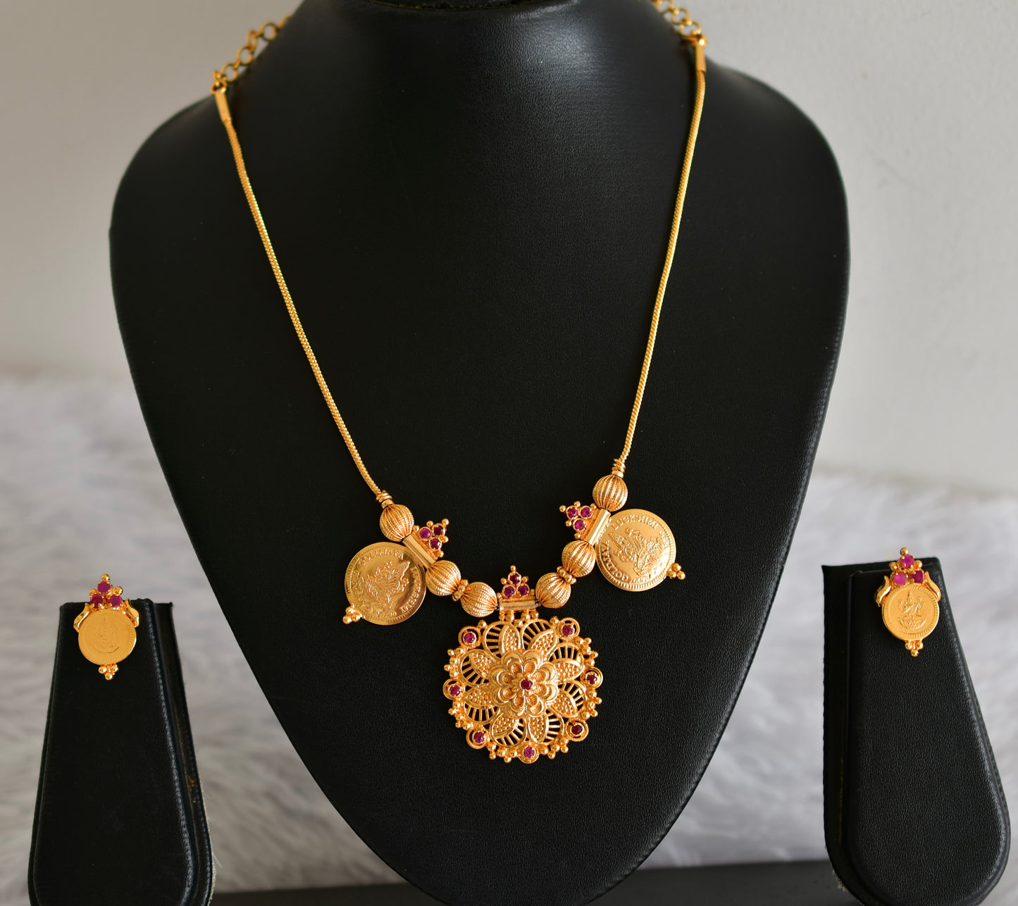 Gold tone kerala style ruby lakshmi coin flower necklace set dj-52683