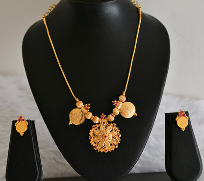 Gold tone kerala style ruby lakshmi coin flower necklace set dj-52683