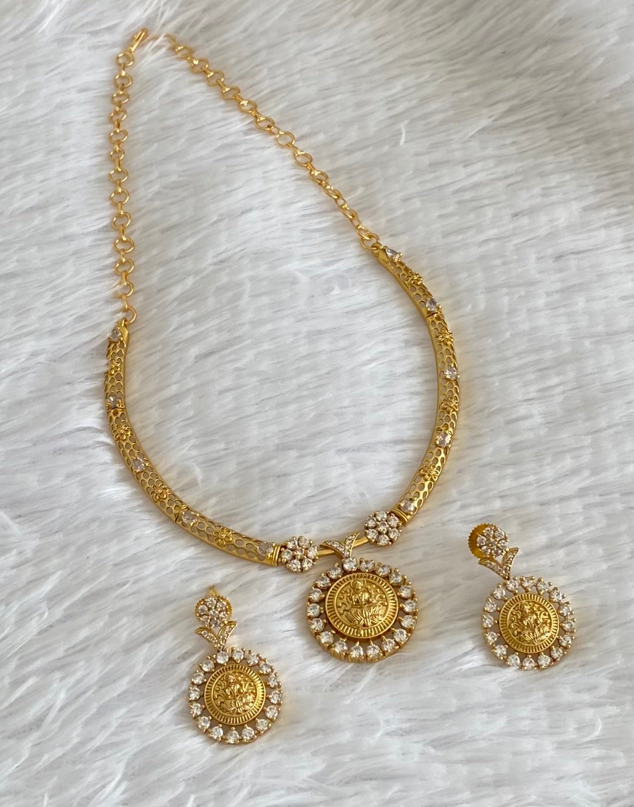 Gold tone white stone lakshmi necklace set dj-54353