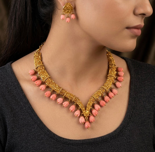 Matte finish pink tulip beaded necklace set dj-54371