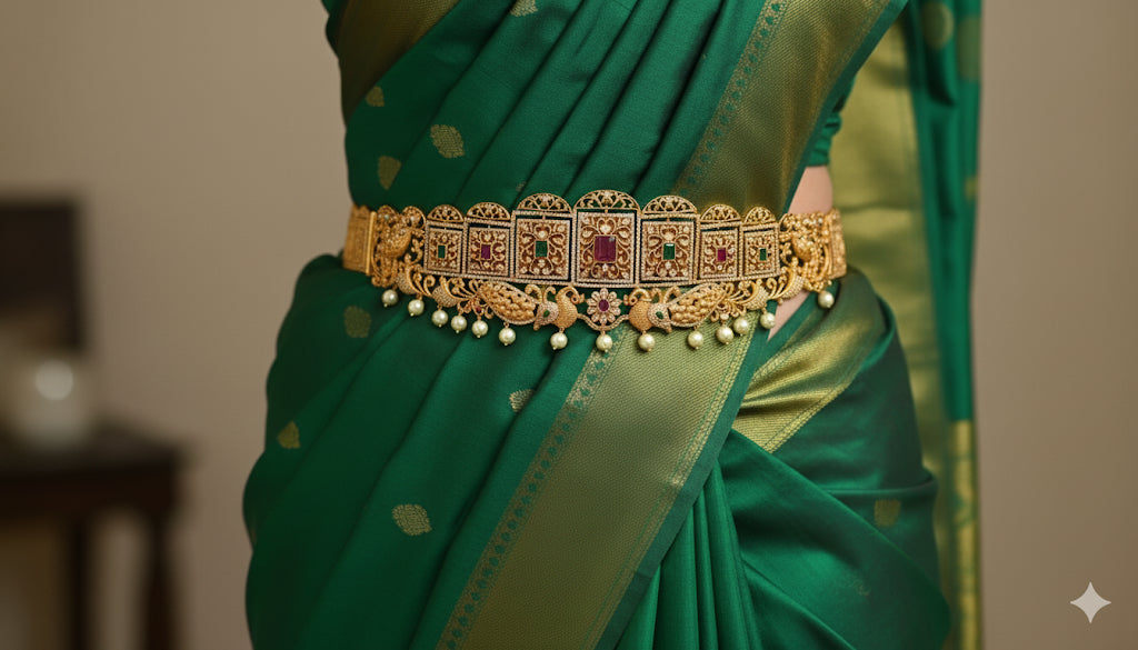 Gold look alike ruby-emerald square peacock-lakshmi 2 in 1 waist band dj-34228