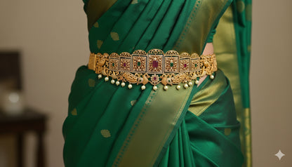 Gold look alike ruby-emerald square peacock-lakshmi 2 in 1 waist band dj-34228
