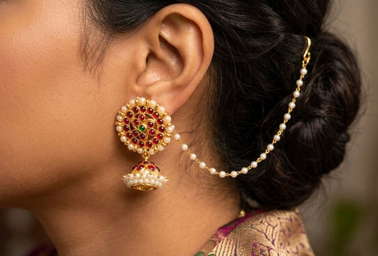 Gold tone kemp-green pearl jhumkka with earrings side chain dj-54373