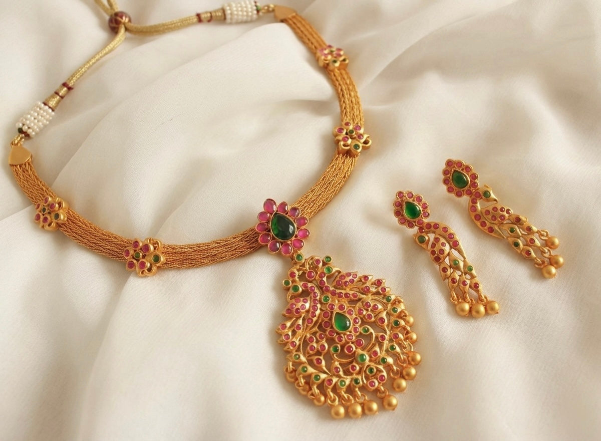 Matte finish ruby-emerald peacock necklace set-dj07102