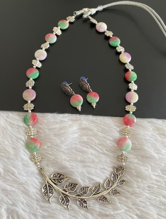 Silver tone maltycolor beads leaf pendant hand made necklace set dj-52920