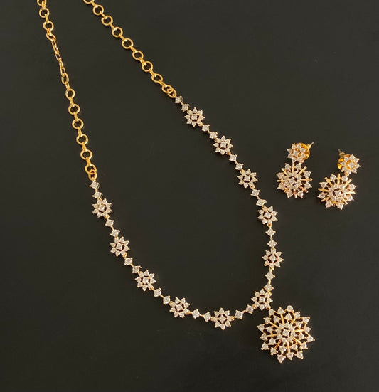 Gold tone cz white stone flower necklace set dj-54341