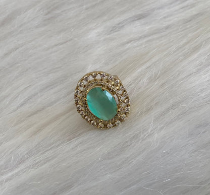 Antique gold tone cz white-sea green stone finger ring dj-55034