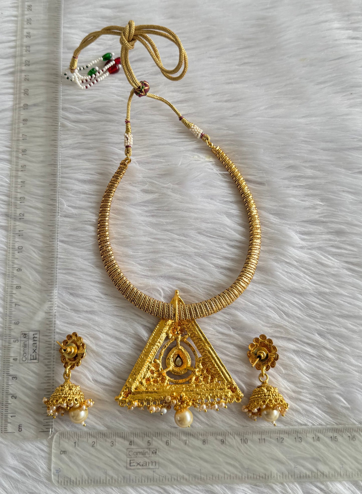 Antique gold tone Pink kante Triangle Necklace Set dj-51110