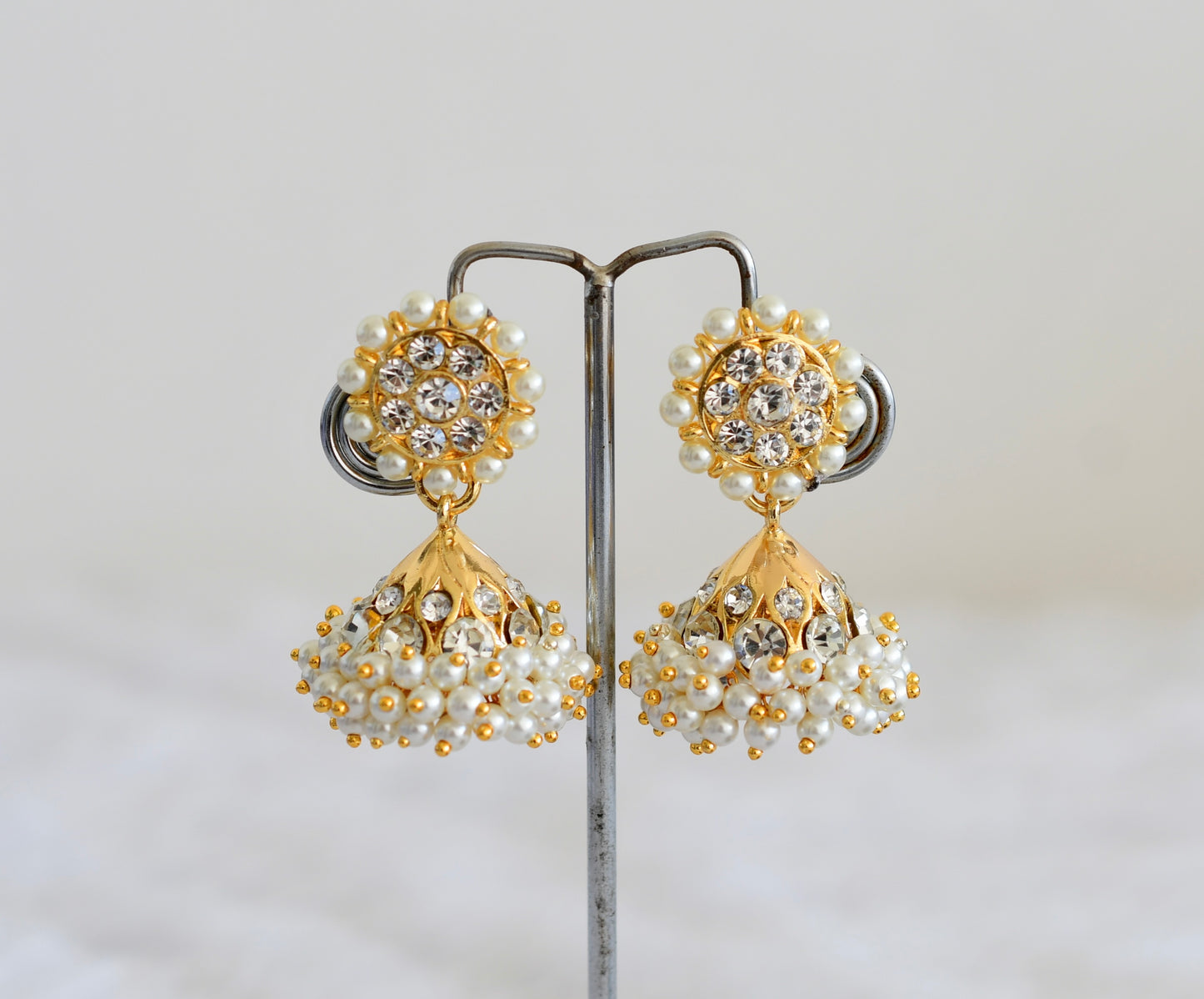 Gold tone AD white pearl small jhumkka dj-52518